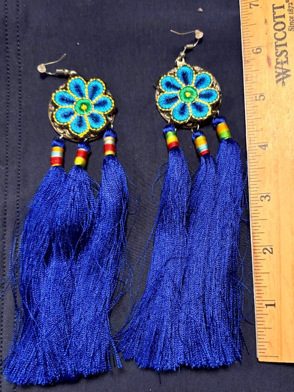 NWT Boho Silk Tassel Statement Earrings 6” Long Embroidered Flower Filigree